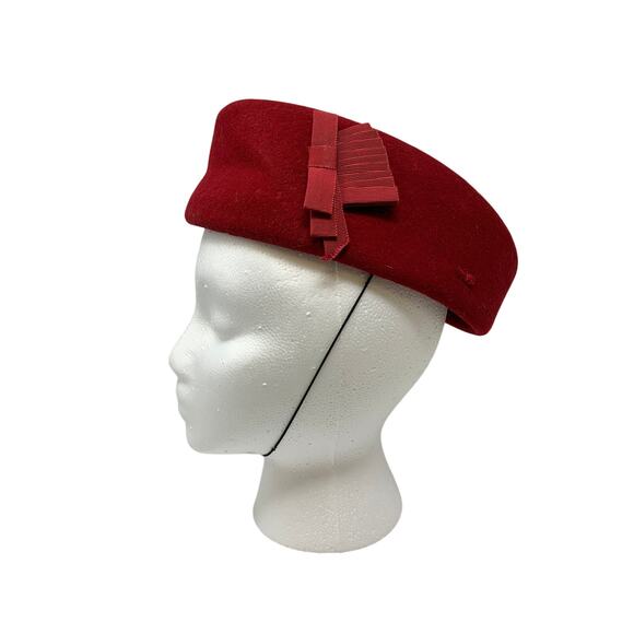 Vintage Red Doeskin Wool Hat Womens Geo W Bollman Bow Mid Century Holiday - Picture 2 of 9